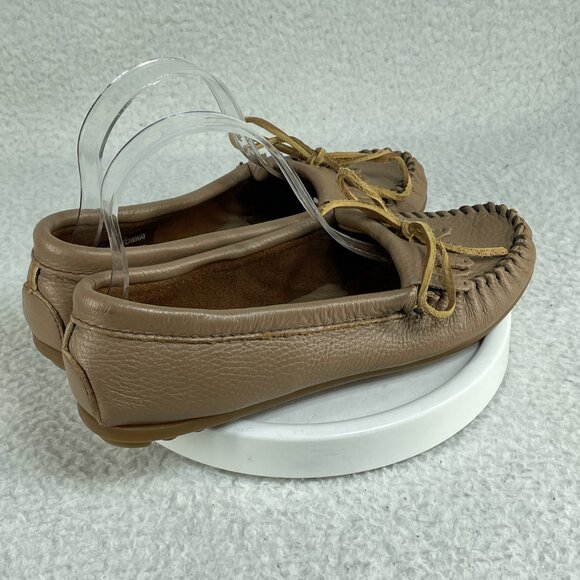 Minnetonka Moccasins Shoes Womens Size 8 Cream Leather Lace Tie Cushioned - Picture 2 of 9